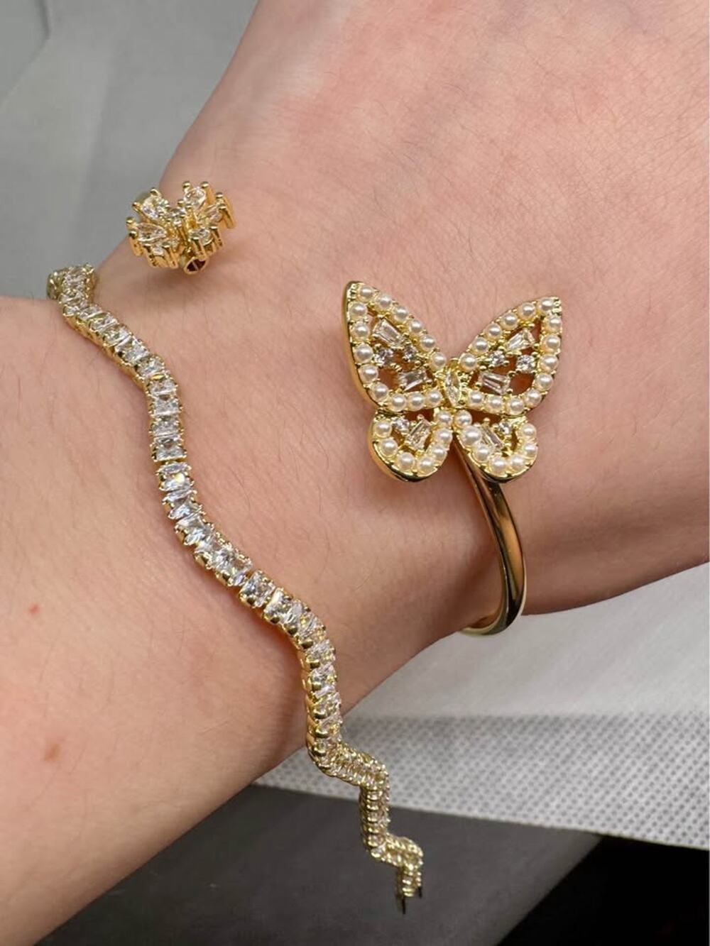 2pc Gold-Toned Butterfly Cuff and Tennis Bracelet Set